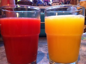 Comparison of blood and regular orange juices.