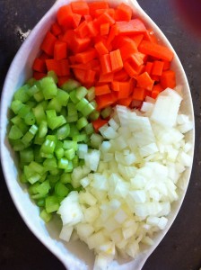 The classic mirepoix. Equal parts carrot, onion, and celery.