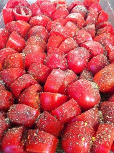 Tomatoes ready for the oven.