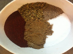 Clockwise from top: Mexican Oregano, Black Pepper, Salt, ground Cumin, Chili Powder