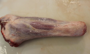 Lamb shank fresh from the farm. If you can get hind shanks, do so. These fore shanks were great. I just had to clean them.