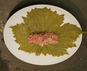 3. Take some of the stuffing (this was a large leaf, so I used about 2 tablespoons stuffing), press it together loosely into a sort of log shape. Please it on the bottom 1/3rd of the leaf.