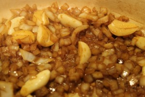 Cooking the onion and garlic. If you need to, like I did here, add a little water or broth to deglaze the pan to keep the lovely browned bits from burning.